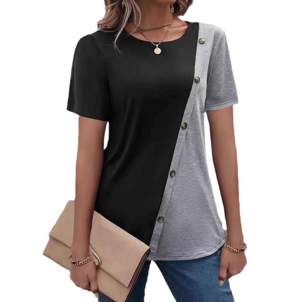 Damen T-Shirt Kurzarm Asymmetrisch Knöpfe Trendig