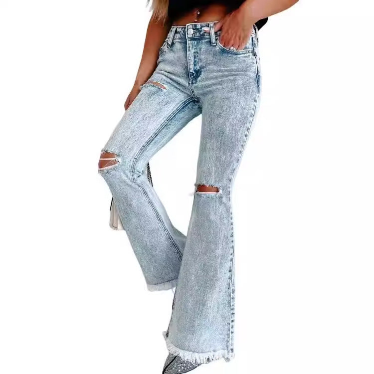 Damen Jeans Flared mit Rissen und Fransen Trendy Damenschuhe