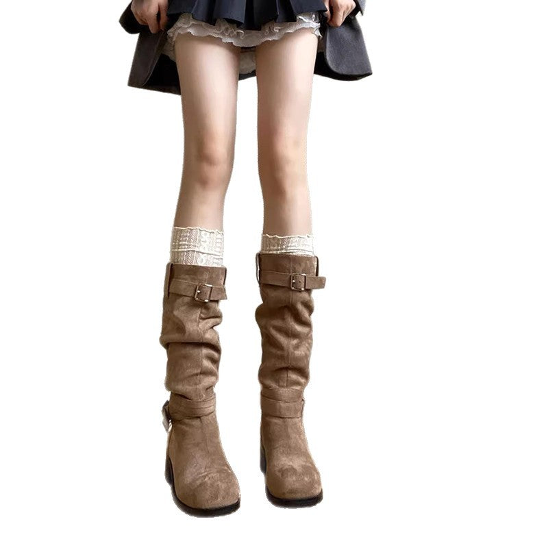 Damen Stiefel Mit Schnalle Elegant Gerafft