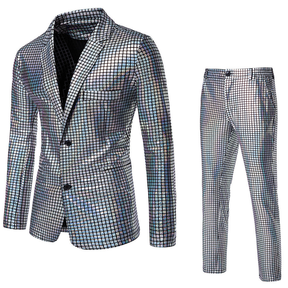 Herren Disco-Anzug Glitzernd Quadratmuster Partyanzug