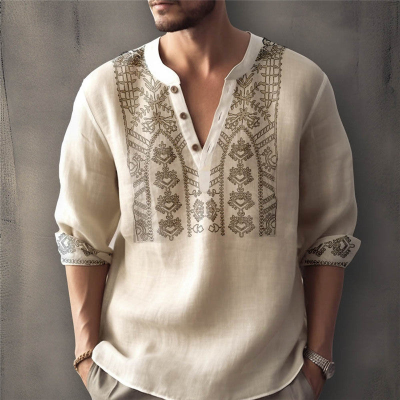 Herren Leinenhemd Traditionelles Handstickdesign Elegent