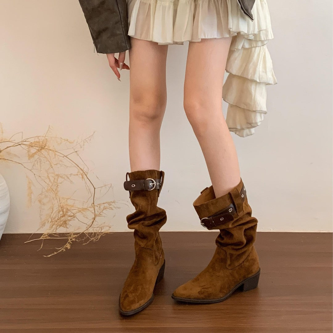 Damen Stiefel Wildleder Rustikal mit Falten-Design