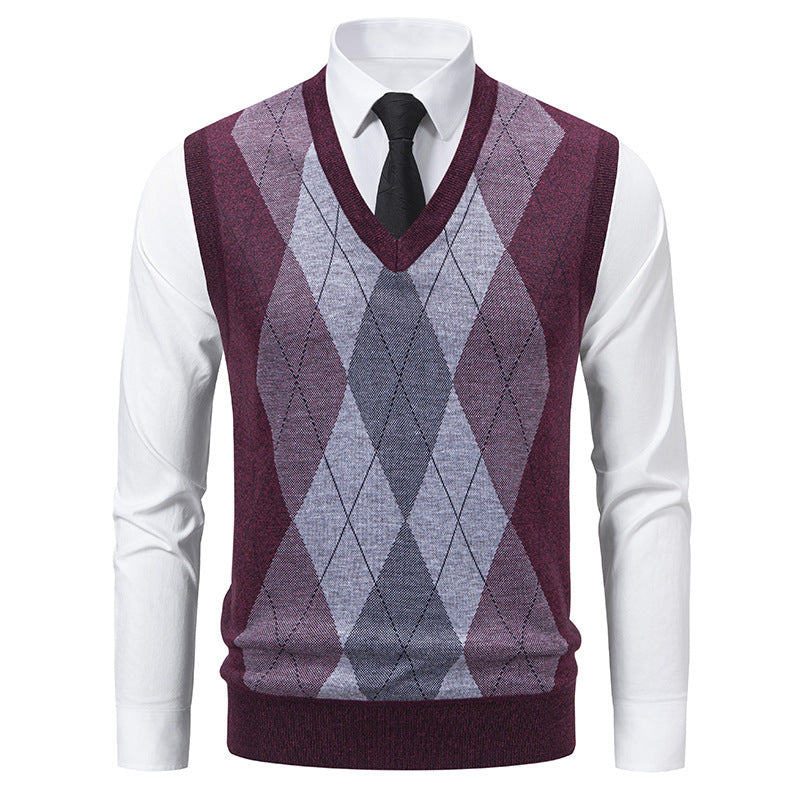 Herren Pullover V-Ausschnitt Klassisches Rautenmuster Modern
