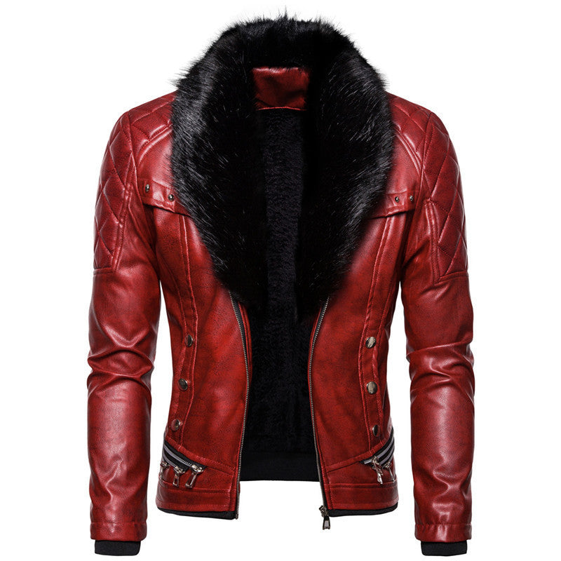 Lederjacke Herren Kunstleder mit Fellkragen Gesprenkelt Modern