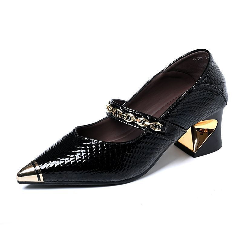 Damen Pumps Hochhackig mit Kettenriemen und Blockabsatz Elegant