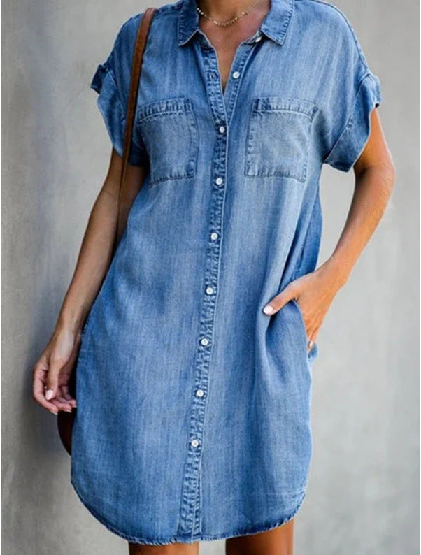 Damen Jeanskleid mit Taschen und Knöpfen Modern
