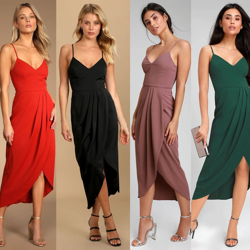 Damen Maxikleid Satin Wickelkleid Elegant