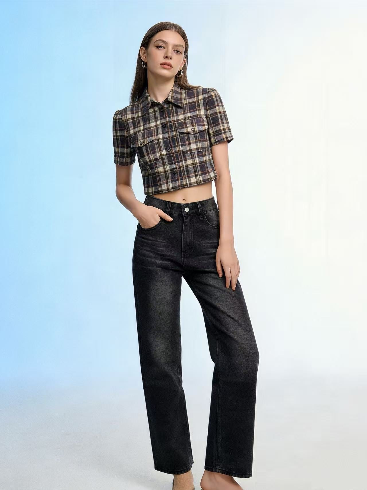 Damen High-Waist Jeans Weite Bein Slim Fit