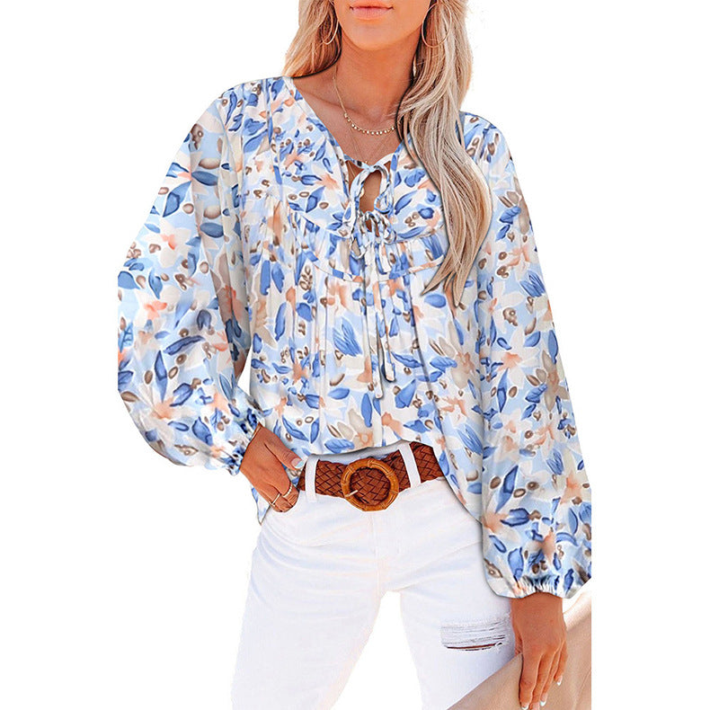 Damen Bluse mit Blumenmuster Lockere Ärmel Frauen Oberteil