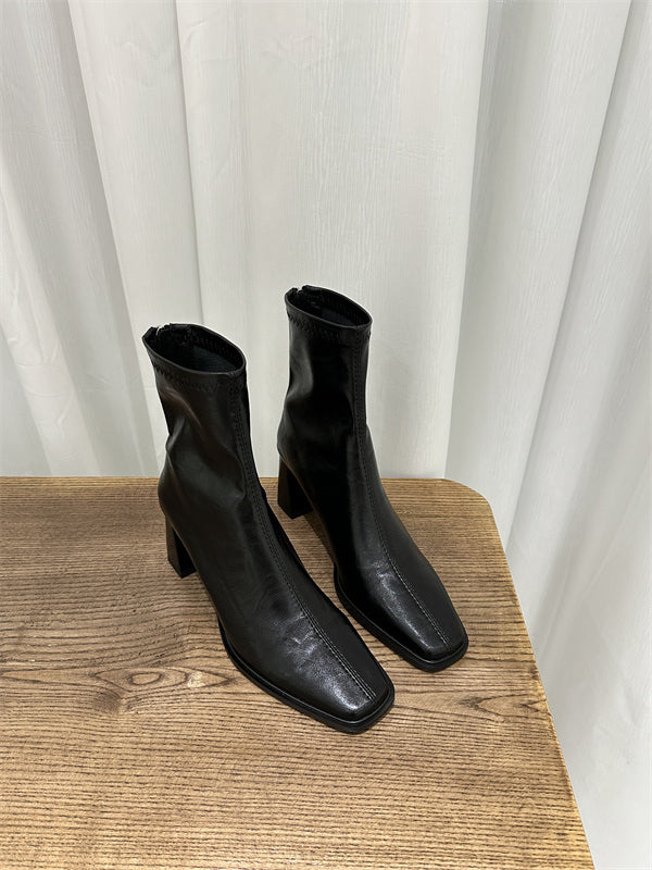 Damen Stiefel Hoher Blockabsatz Lederschuhe Trendy