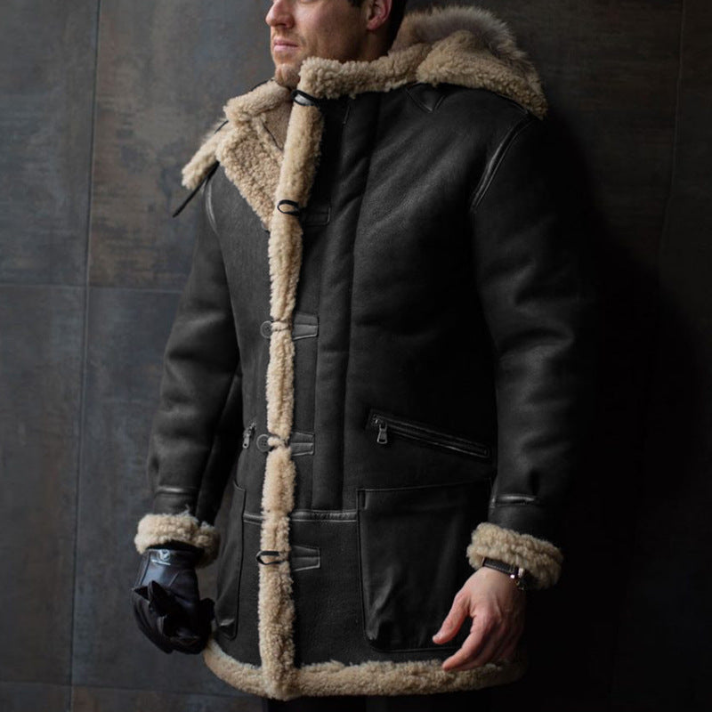 Lammfell-Mantel Herren Warm mit Kapuze und Taschen