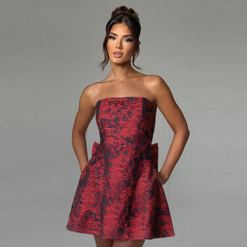 Kurzes Abendkleid Schulterfrei Champagnerfarbe Schleife