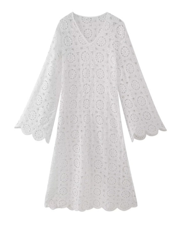 Damen Häkelkleid Luftig mit Weiten Ärmeln Sommerkleid