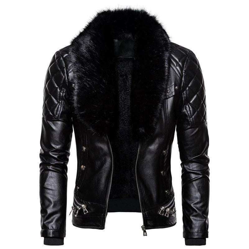 Herren Lederjacke Bikerstil mit Kunstfellkragen Schwarz