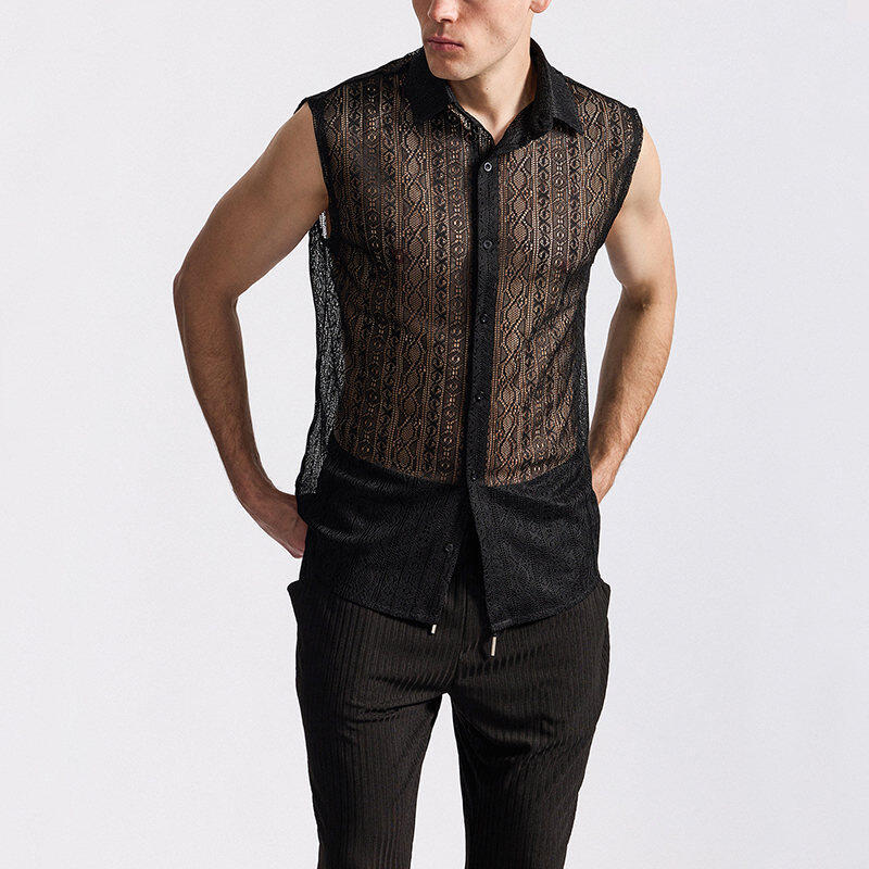 Herren Hemd Ärmellos Spitzenstruktur Elegant Modern