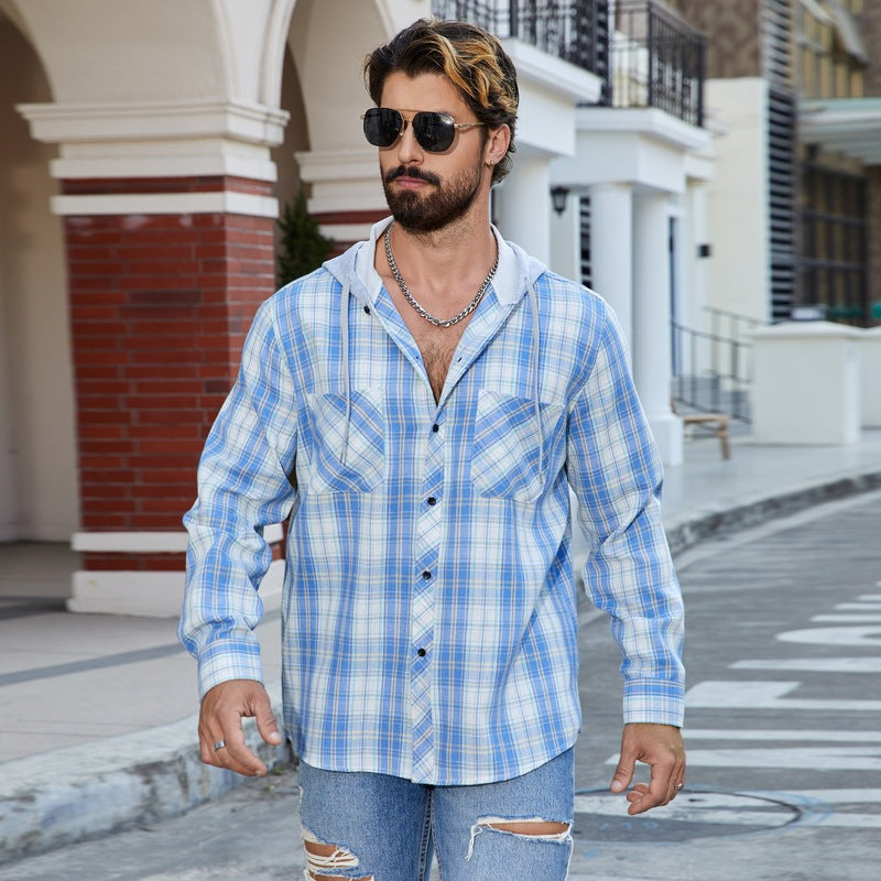Herren Karo Bluse Lässig mit Kapuze und Brusttaschen