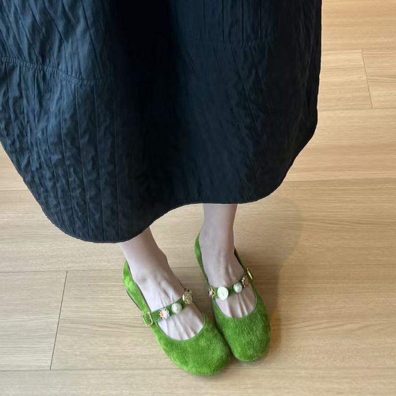 Damen Ballerinas mit Riemen und Blumen Verzierungen