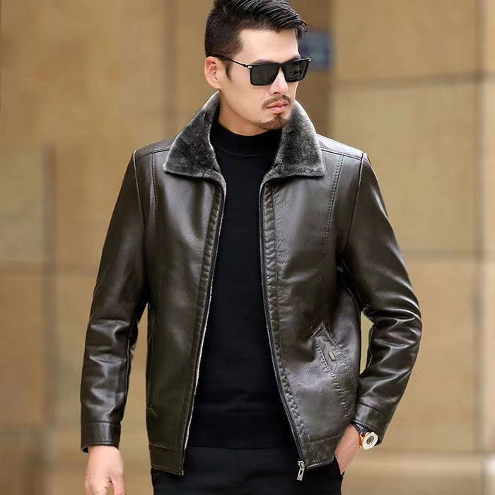 Herren Lederjacke Elegant Schwarz mit Kragen