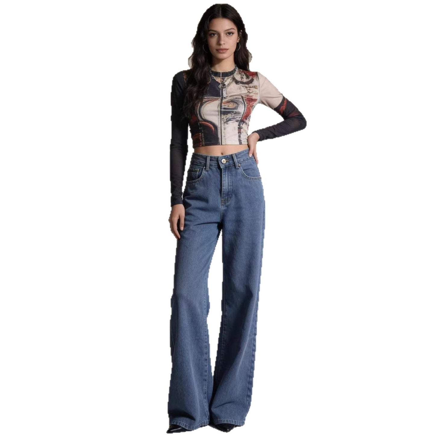 Damen High-Waist Jeans Weite Bequem Lässig