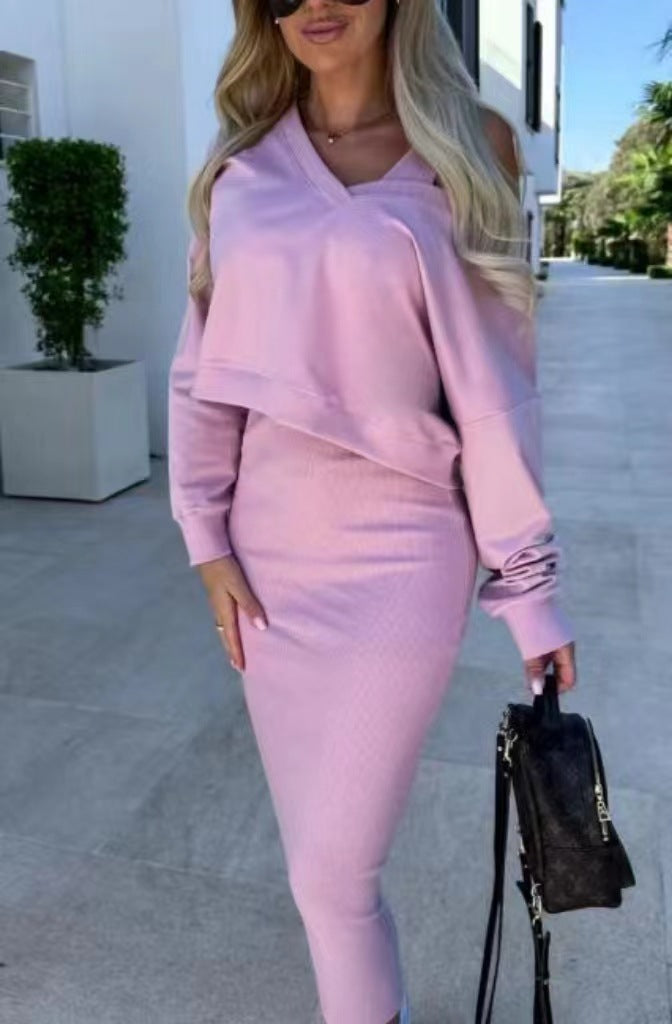 Damen Zweiteiler Pullover mit V-Ausschnitt und Midikleid Figurbetont