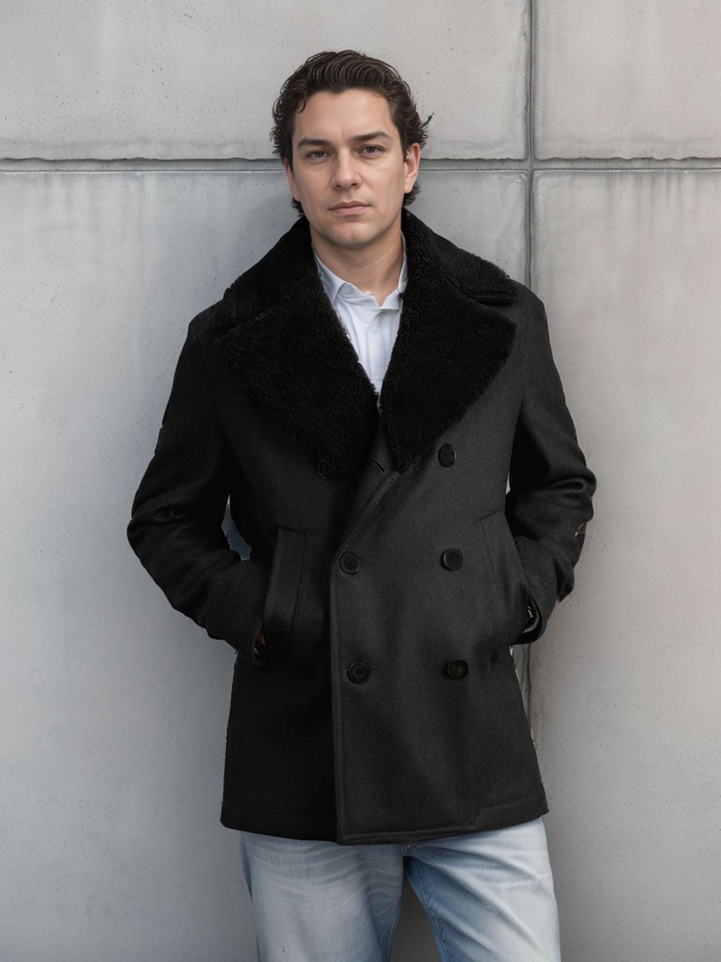 Herren Wollmantel Doppelreihen Teddyfellkragen Modern