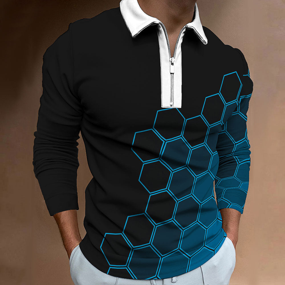 Herren Polo-Shirt Modern Wabenmuster Kontrast Reißverschluss