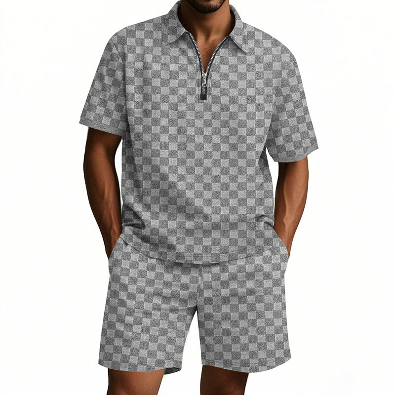 Herren Kurzarm Hemd mit Reißverschluss und Sport Shorts Sommer