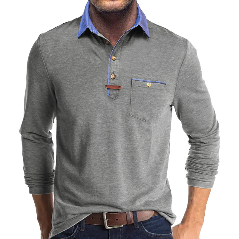 Herren Langarmshirt Mit Brusttasche Kontrastkragen Modern