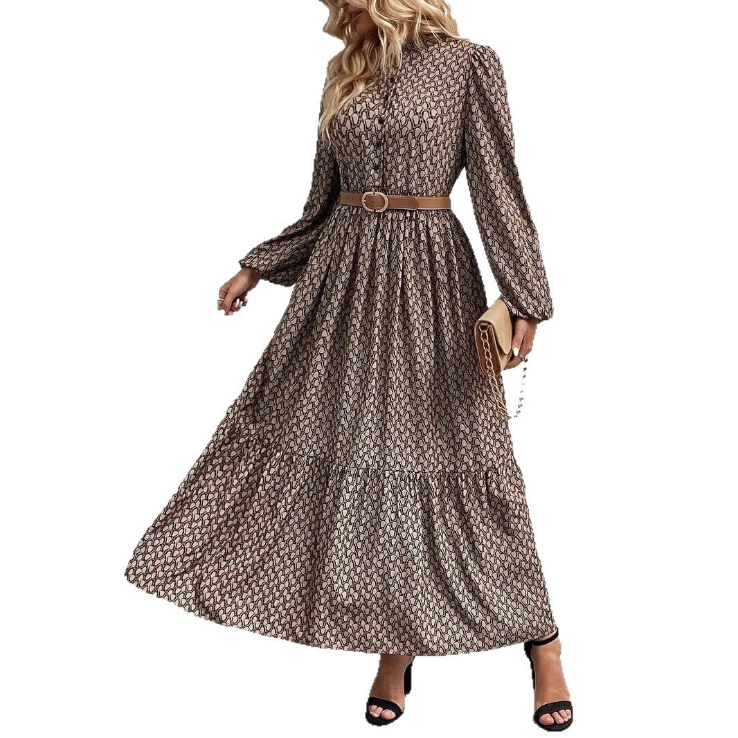 Damen Maxikleid Elegant mit Taillengürtel und Blumenmuster