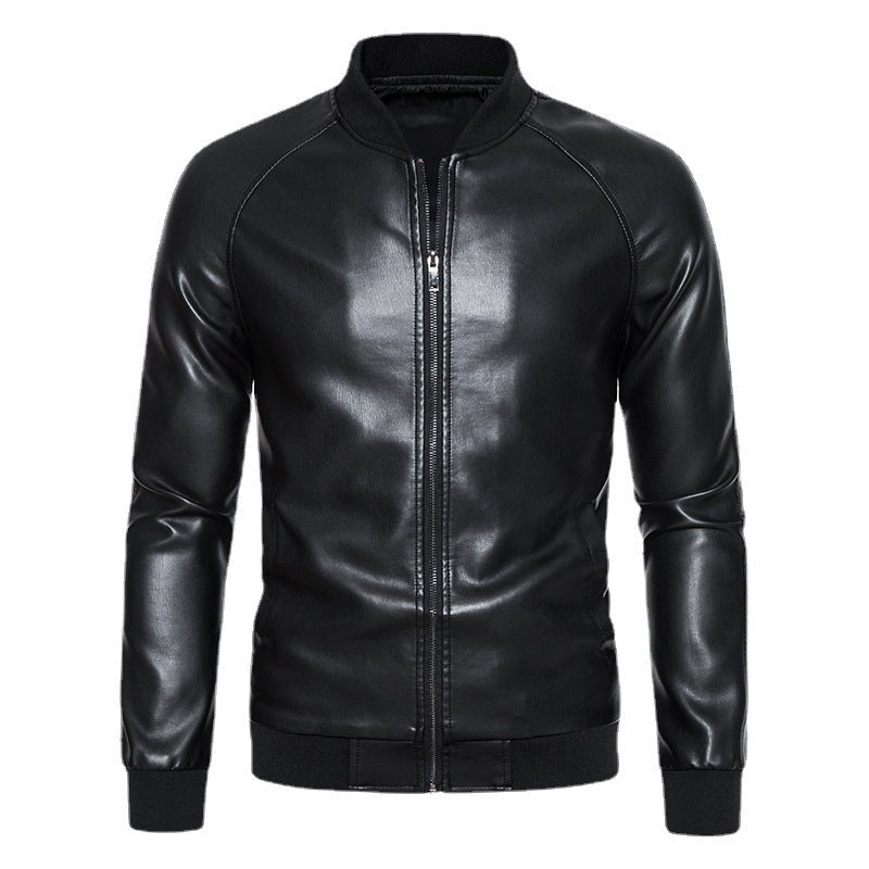 Herren Lederjacke Bikerstil Schwarz Elastisch