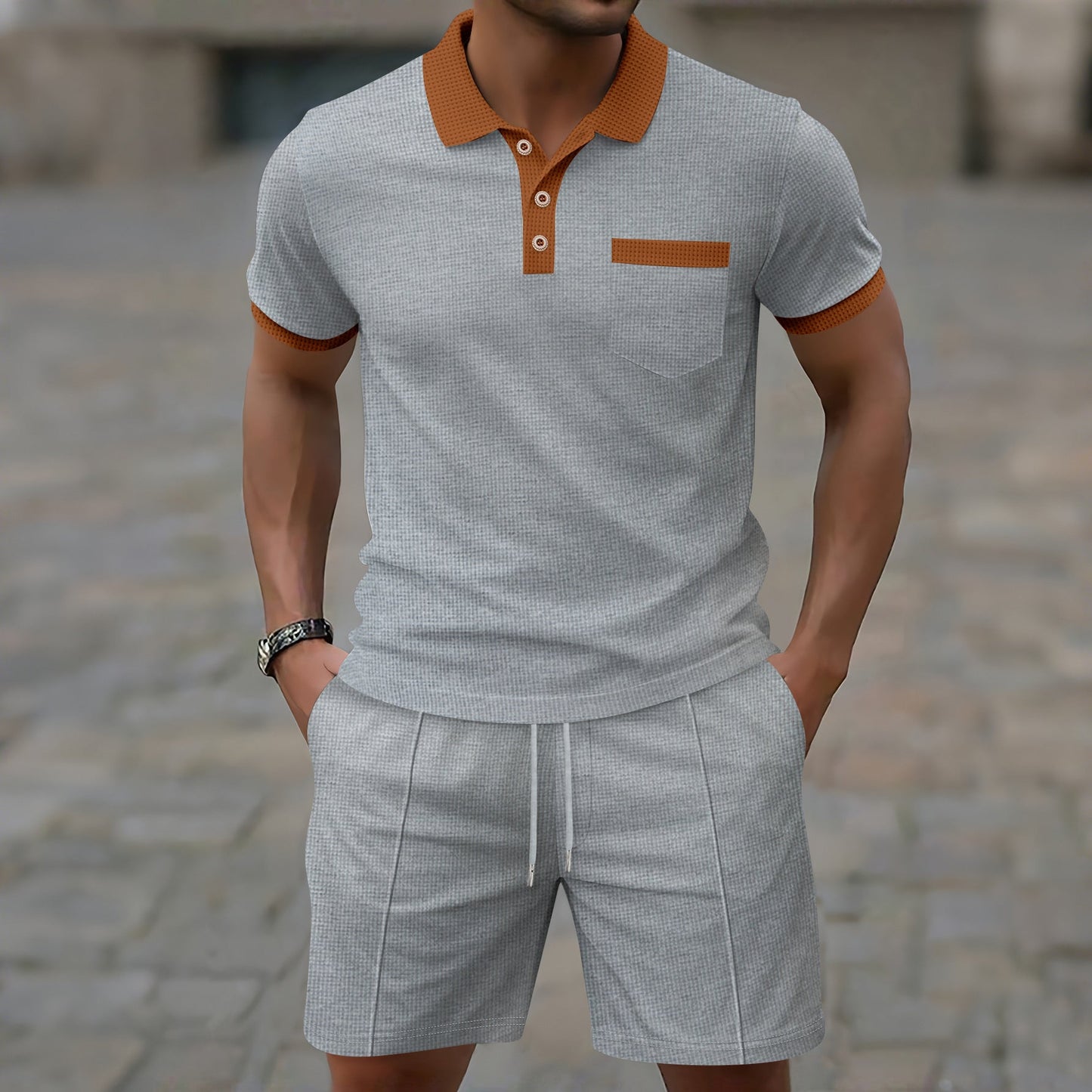 Herren Sportset Freizeit Outfit mit Kontrastkragen und Taschen