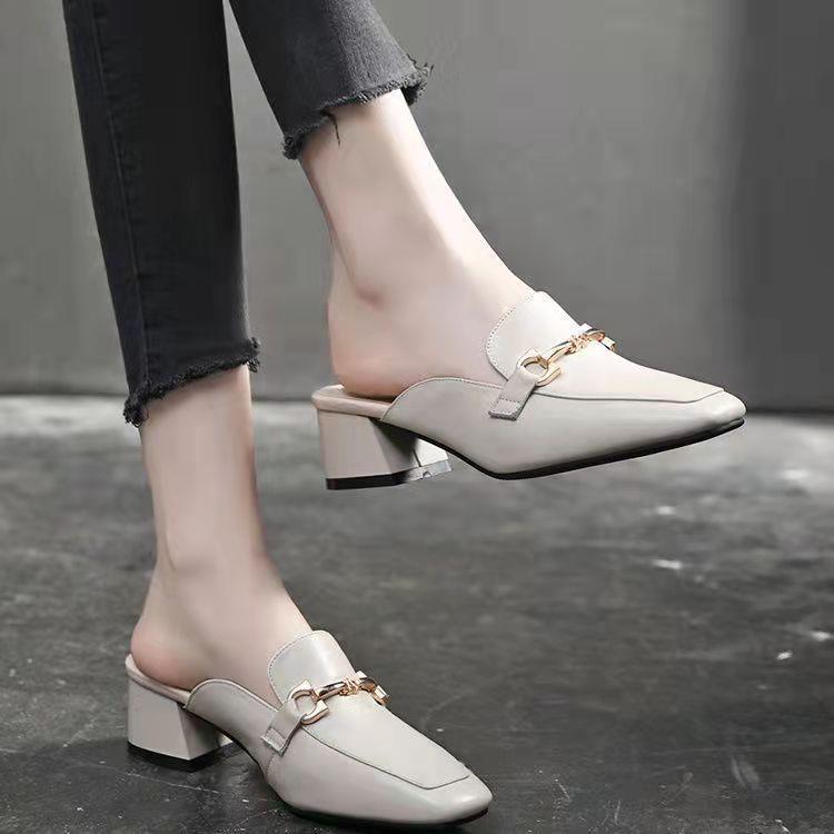 Damen Mules Schuhe mit Blockabsatz Schnalle Modern