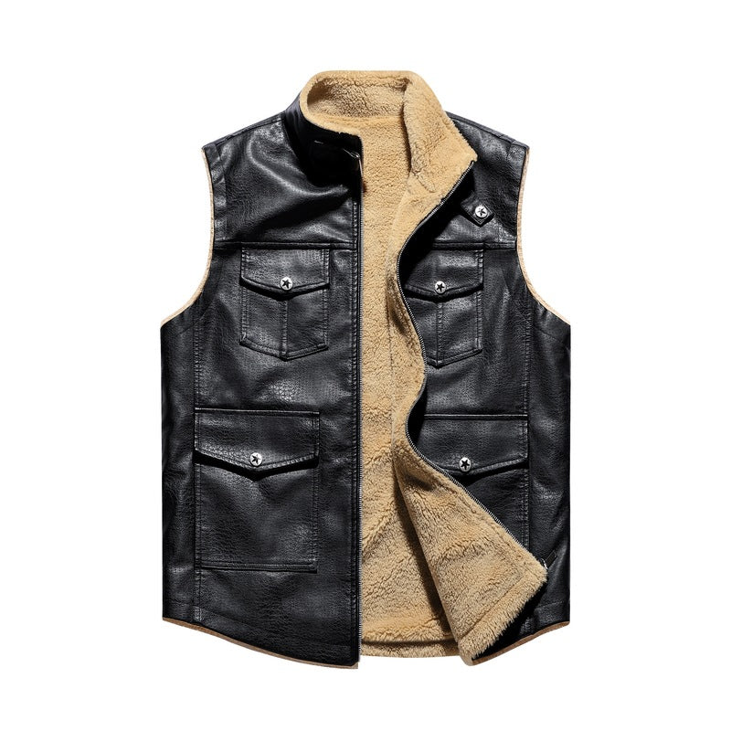 Herren Lederweste Wärmend Fleece Taschen Schwarz