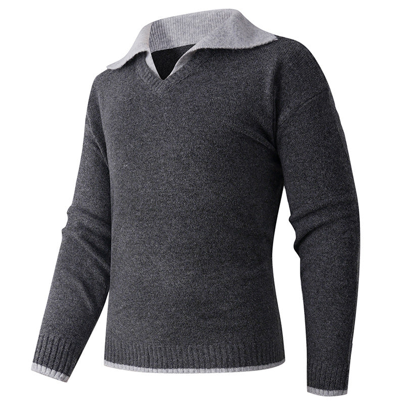 Herren Pullover V-Ausschnitt Hochwertig Kontrastkragen Modern