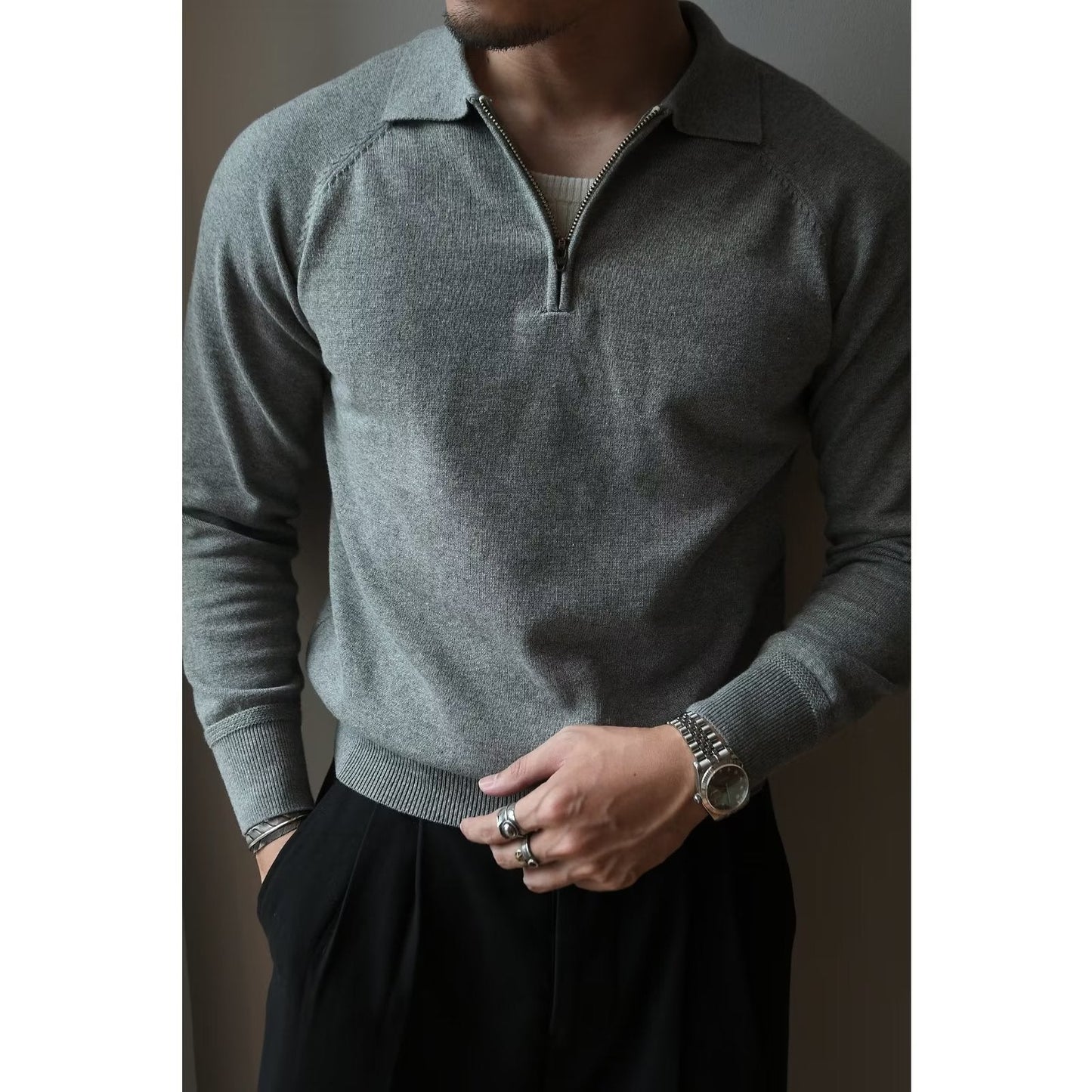 Herren Pullover Strick Kurzarm mit Stehkragen Sportlich