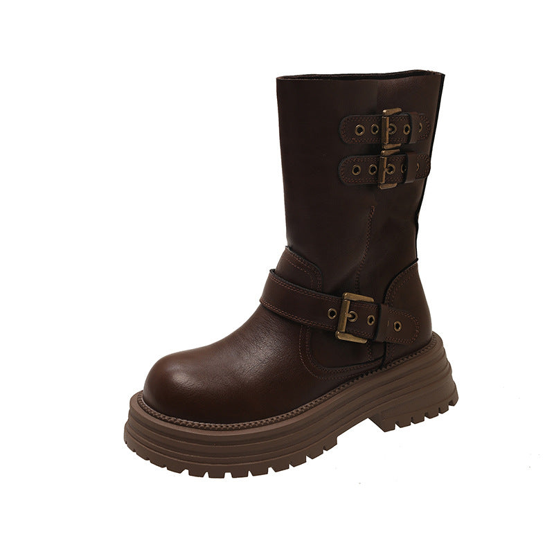 Damen Stiefel Robust Schnürbar mit Metall Schnallen und Stabiler Sohle