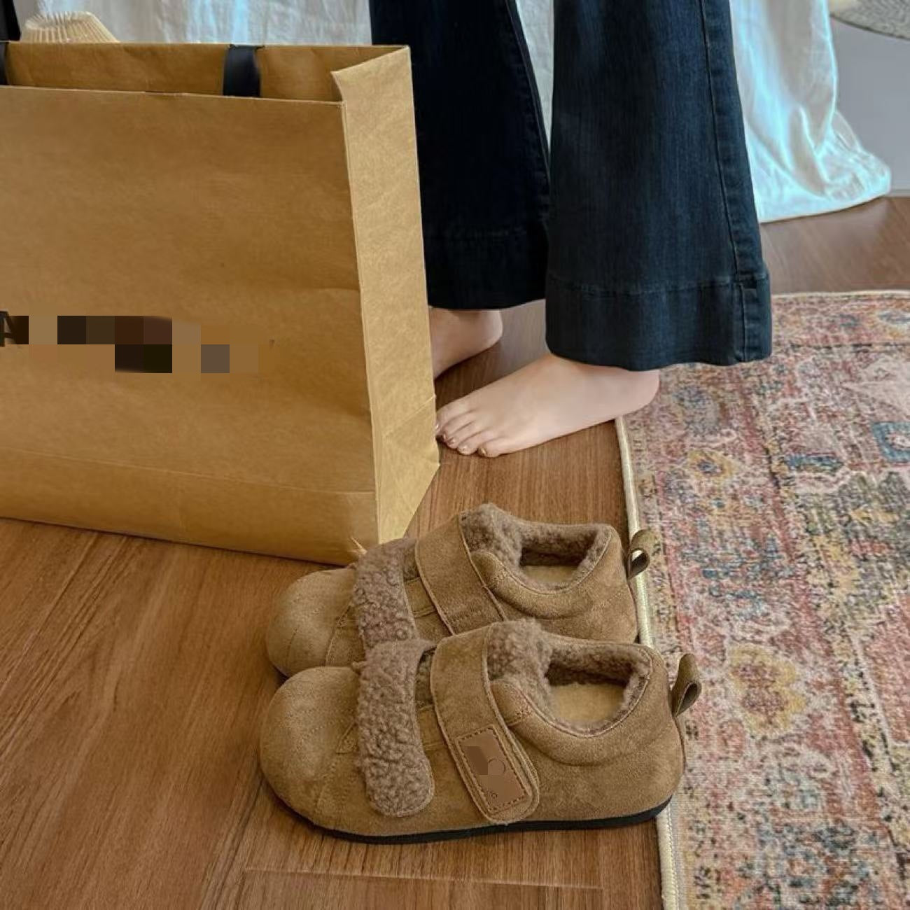Damen Hausschuhe Kuschelig Warm mit Klettverschluss