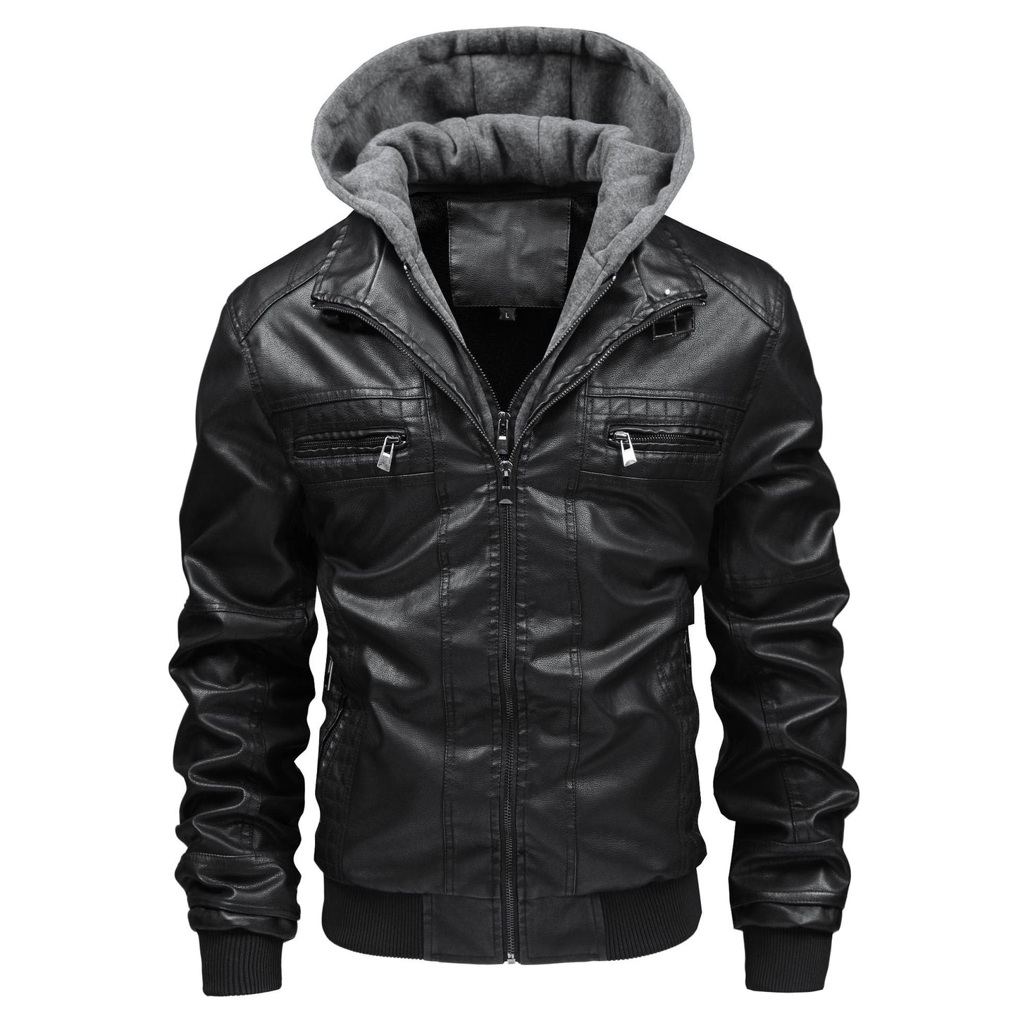 Lederjacke Herren mit abnehmbarer Kapuze Schwarz Ledermantel