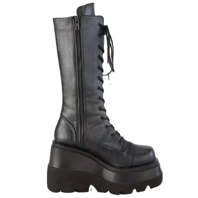 Damen Schnürstiefel Urban Style Stabiler Sohle Schwarz