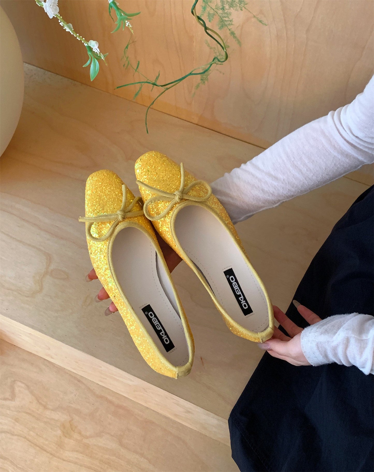 Damen Ballerinas Glitzer Schleife Komfort Innensohle