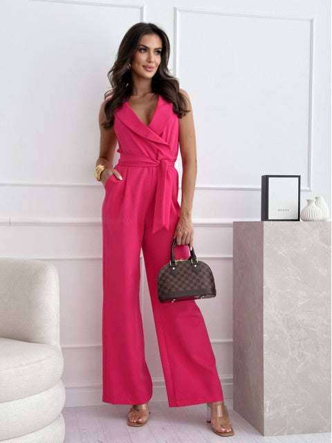 Eleganter Damen Jumpsuit Wickeloptik Taillengürtel Damenanzug