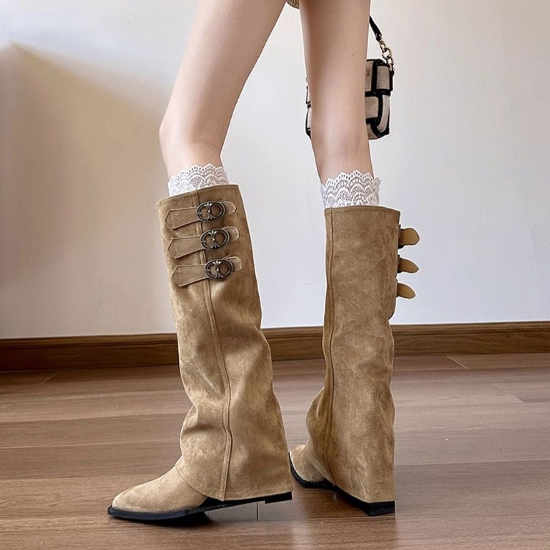 Damen Stiefel Überknie Schnalle Leder Schwarz Mode