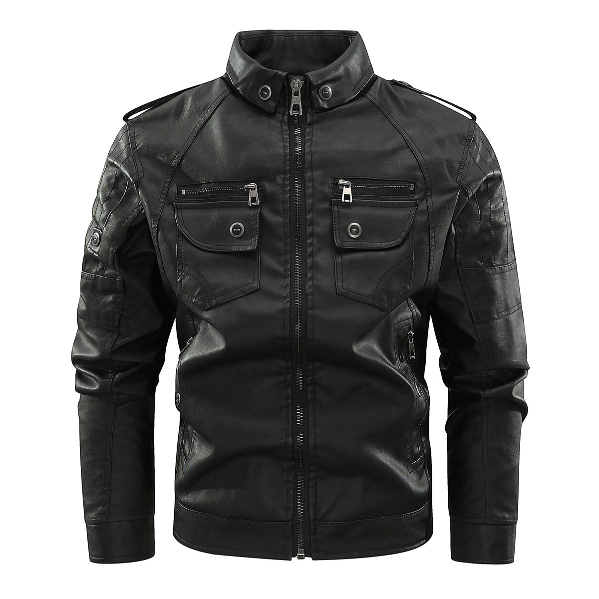 Herren Lederjacke Bikerstil Mit Taschen Schwarz