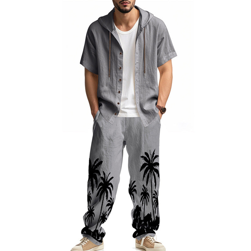 Herren Casual Set Kurzarm Hoodie Cargohose Palmenmuster