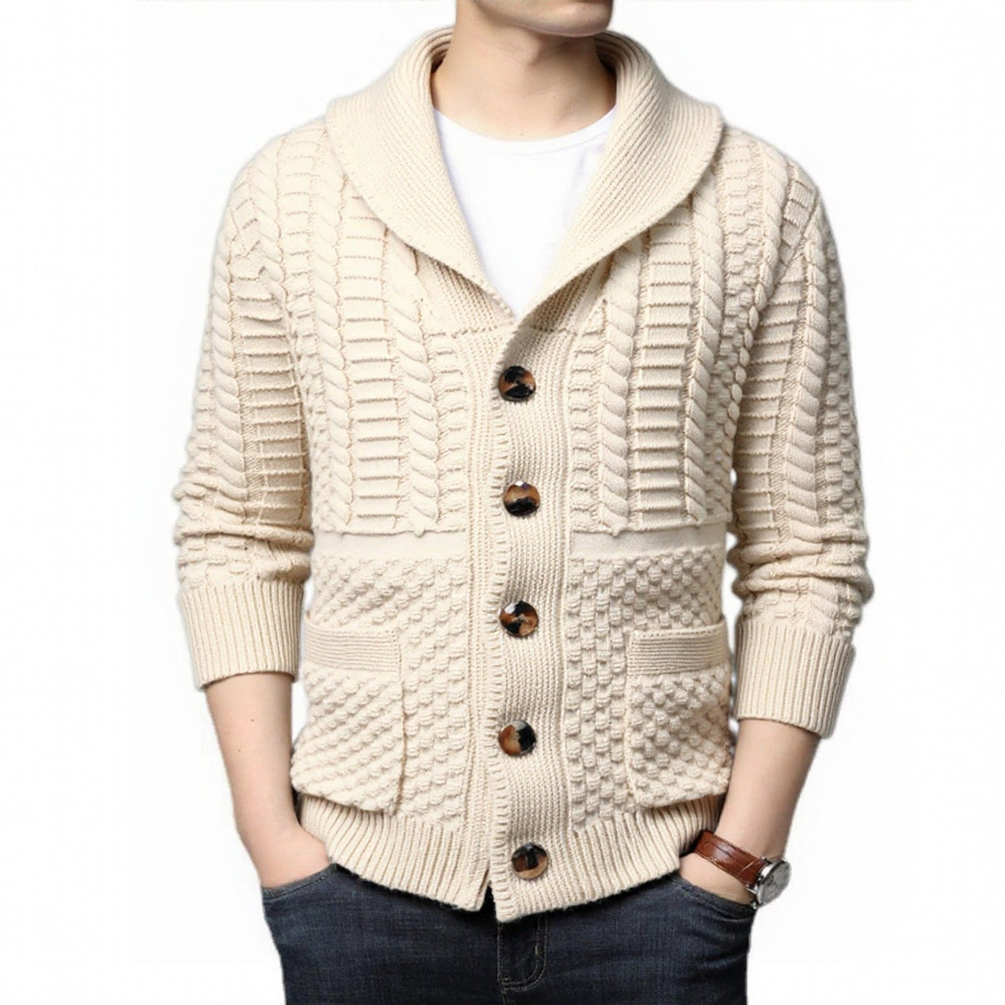 Herren Strickjacke Modern mit V-Ausschnitt und Zopfmuster
