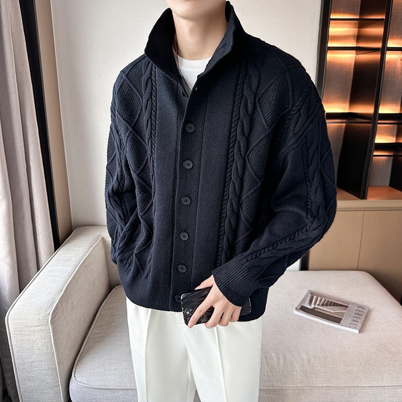 Modische Herren Strickjacke Zopfmuster Kragen Modern