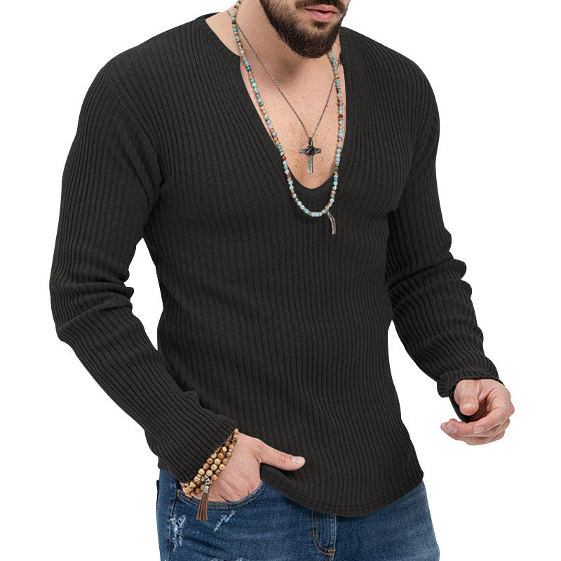 Herren Langarmshirt Strukturiert V-Ausschnitt Rippdesign Modern