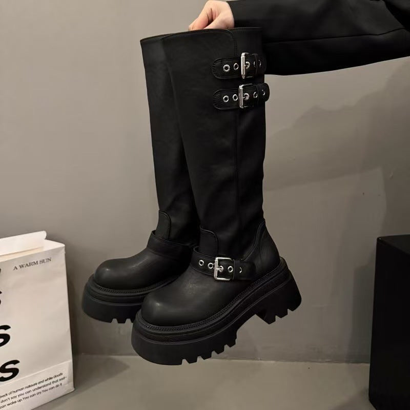 Damen Stiefel Mit Schnallen Schwarz Modisch