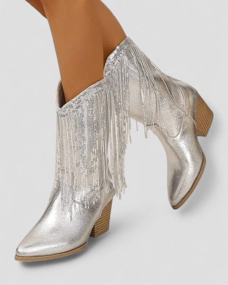 Orthopädische Western-Cowboystiefel mit Fransen in Metallic-Optik für Damen 1