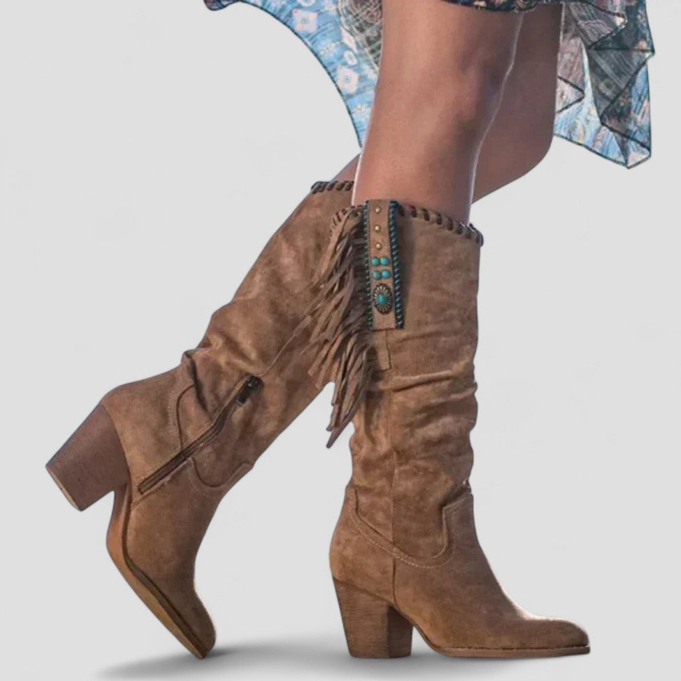 Orthopädische kniehohe Westernstiefel aus Wildleder mit Fransen für Damen 3